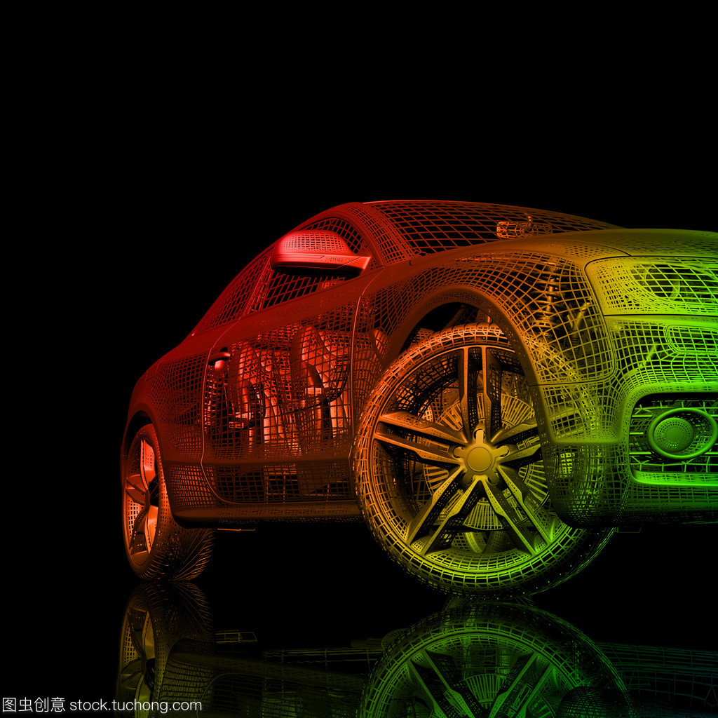 黑色背景上的 3d 汽车模型。
